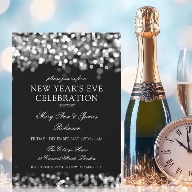 Convites Luzes de Shimmering de Véspera de ano novo Elegant (Elegant New Years Eve Silver Shimmering Lights Invitation)