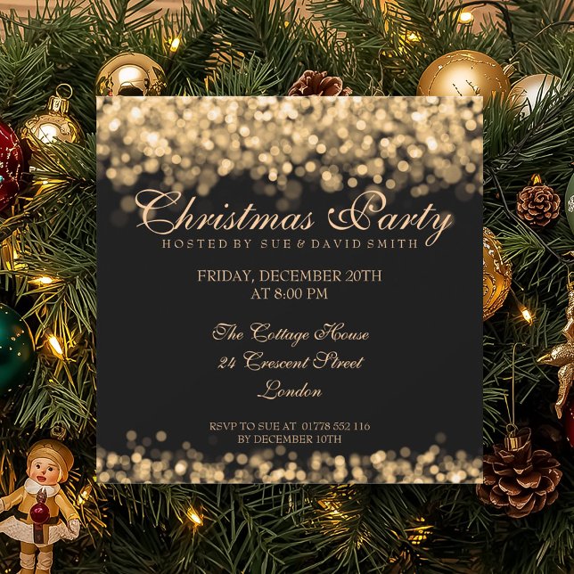 Convites Luzes de Shimmering Douradas do Partido de Natal E (Elegant Christmas Party Gold Shimmering Lights Invitation)