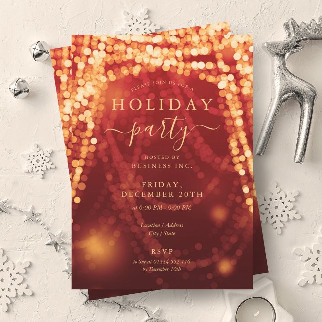 Convites Luzes de String de Feriado da Dourada Empresa Verm (Gold Red Company Holiday Party String Lights Invitation)