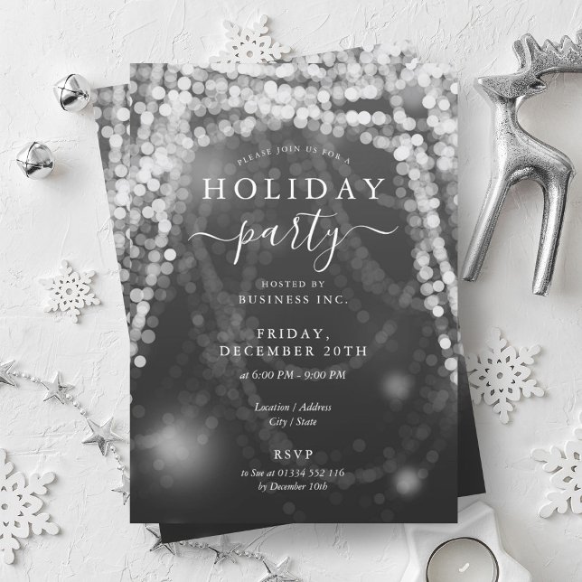Convites Luzes de String do Partido Feriado da Elegante Sil (Elegant Silver Company Holiday Party String Lights Invitation)