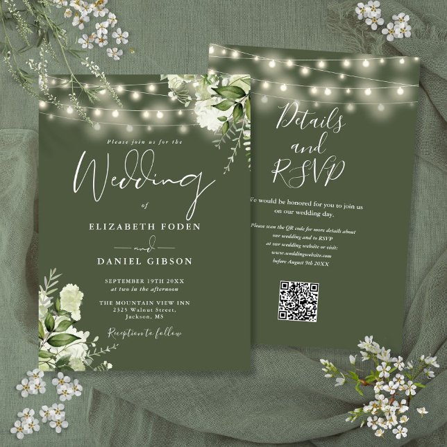 Convites Luzes de String Verde Azul Código QR Floral Casame (Olive Green String Lights Floral QR Code Wedding Invitation)