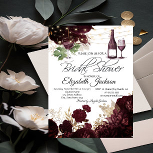 Convites Luzes de Taça de Vinho Flores Bordeaux Chá de Noiv