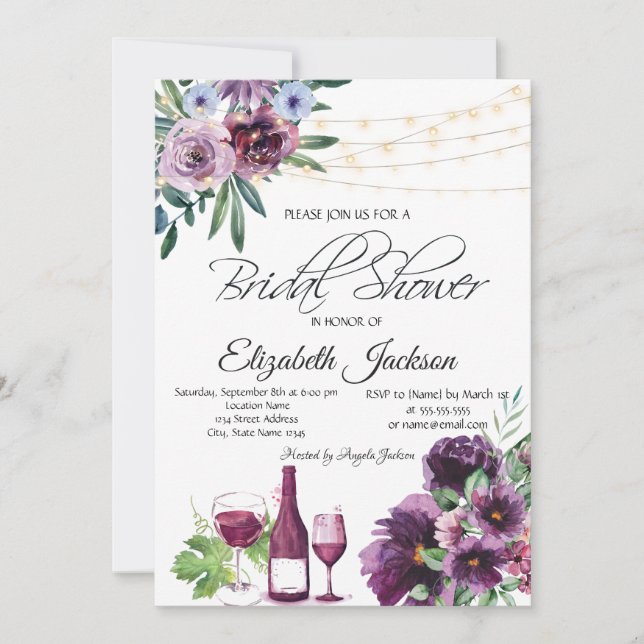 Convites Luzes de Taça de Vinho Flores Violeta Chá de Noiva (Frente)