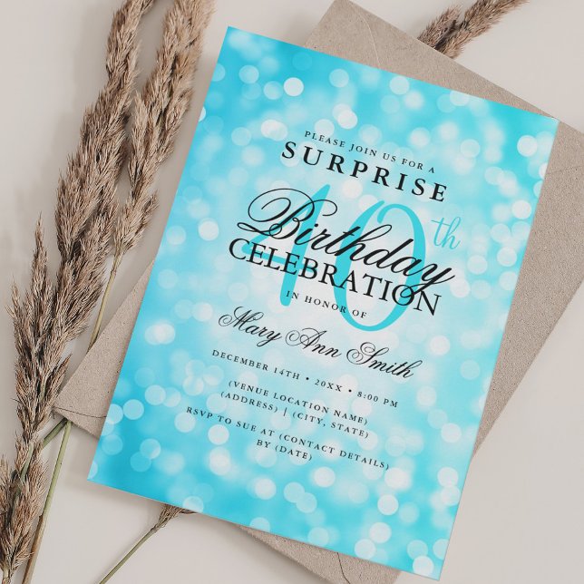 Convites Luzes de turquesa de aniversário de 40 anos de SUR (Elegant SURPRISE 40th Birthday Turquoise Lights Invitation)