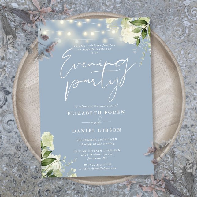 Convites Luzes de Verde Botânico em Azul Desbotado para Cas (Dusty Blue Greenery Lights Wedding Evening Party Invitation)