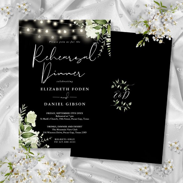 Convites Luzes de Verde Folhagem Preto e Branco Jantar de E (Greenery Lights Black And White Rehearsal Dinner Invitation)