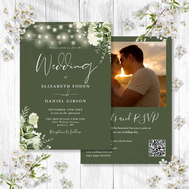 Convites Luzes de Verdejamento Código QR Foto Casamento Ver (Greenery Lights QR Code Photo Olive Green Wedding Invitation)