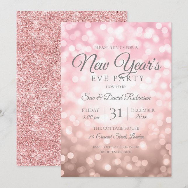 Convites Luzes de Véspera de ano novo com brilho Dourado ro (Frente/Verso)