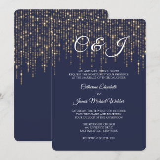 Convites Luzes Douradas, Azul da meia-noite, Casamento Eleg