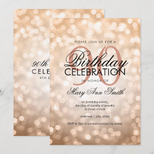 Convites Luzes Douradas de 90 de Aniversário do Elegente