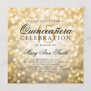 Convites Luzes Douradas de Bokeh de Quinceanera 15 Birthday