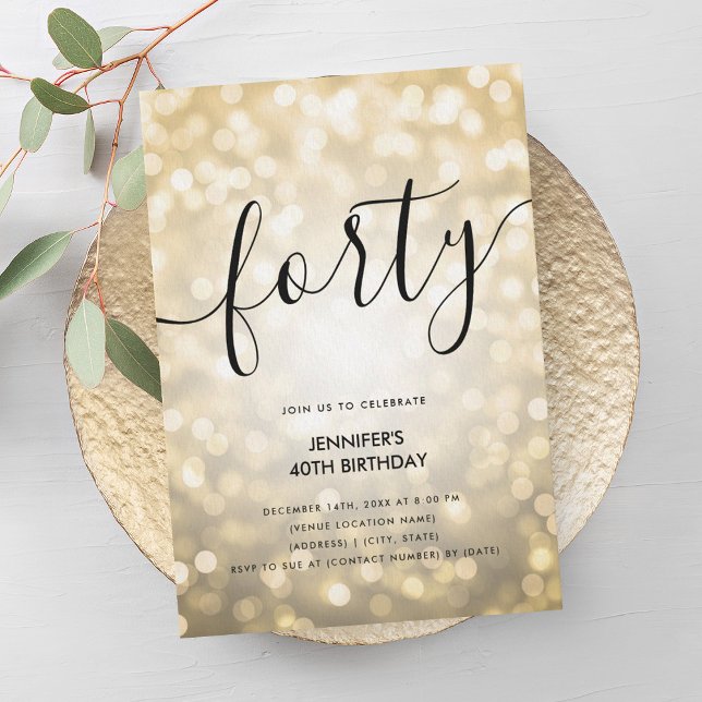 Convites Luzes Douradas de brilho moderno - aniversário de  (Modern Glam Gold Glitter Lights 40th Birthday Invitation)
