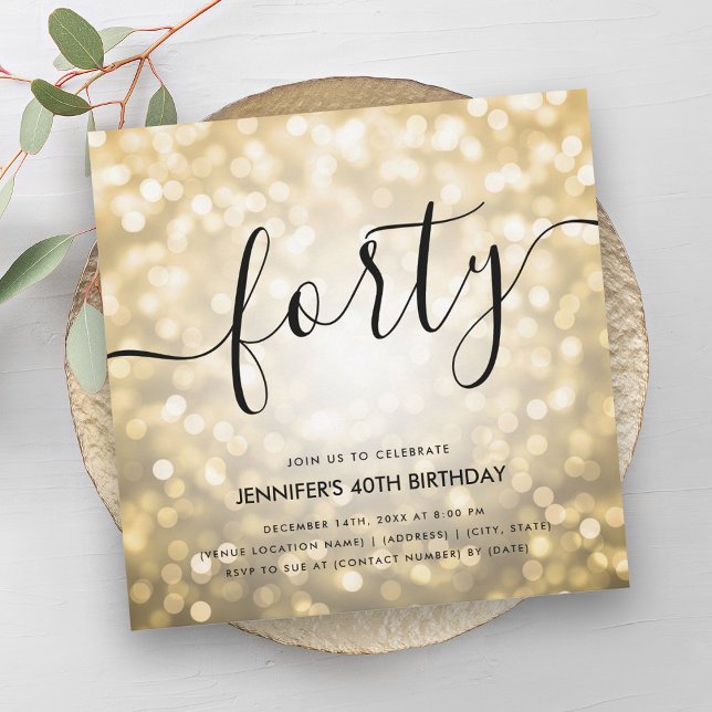 Convites Luzes Douradas de brilho moderno - aniversário de  (Modern Glam Gold Glitter Lights 40th Birthday Invitation)