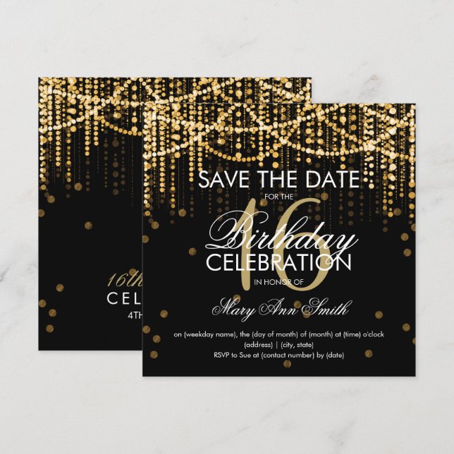 Convites Luzes Douradas De Cadeia De Caracteres "Salvar A D (Frente/Verso)