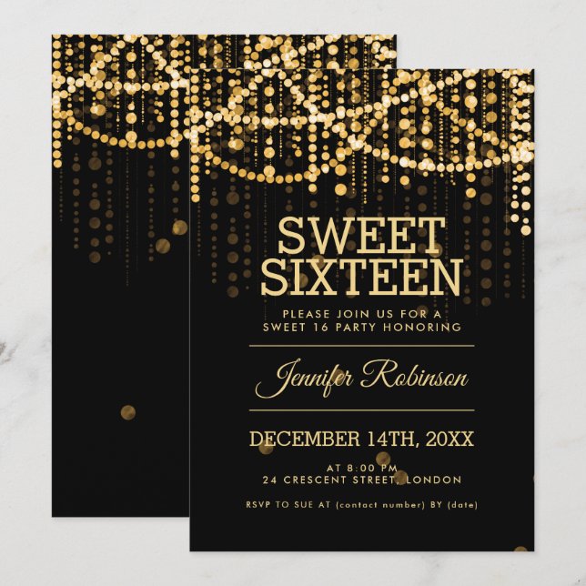 Convites Luzes Douradas de Cordas Doce de 16 Festas (Frente/Verso)