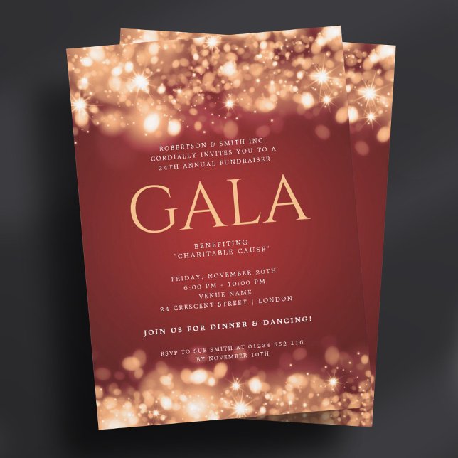 Convites Luzes Douradas de Espumantes Vermelhas de Gala Cor (Formal Corporate Gala Red Gold Sparkling Lights Invitation)