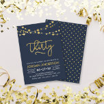 Convites Luzes Douradas de Falhas Azuis Modernas Elegantes<br><div class="desc">Convite de festas moderno com cordas elegantes de luz e a palavra "Trinta" em folha de ouro falsa contra fundo azul escuro. A placa inclui um padrão correspondente do lado traseiro. Veja outros itens correspondentes aqui https://www.zazzle.com/collections/strings_of_lights_faux_gold_celebration_collection-119311942951401241?rf=238364477188679314 Personalize-o substituindo o texto do espaço reservado para adicionar suas informações. Para obter mais...</div>