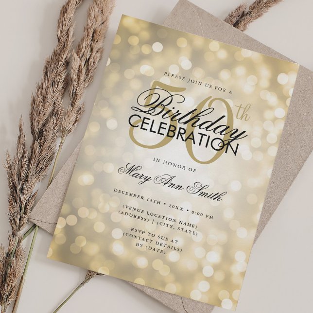Convites Luzes Douradas de Shimmer do 50º aniversário do El (Elegant 50th Birthday Glam Gold Shimmer Lights Invitation)