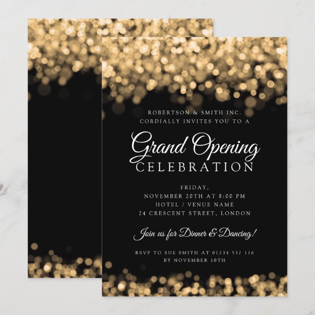 Convites Luzes Douradas de Shimmering de grande abertura co (Frente/Verso)