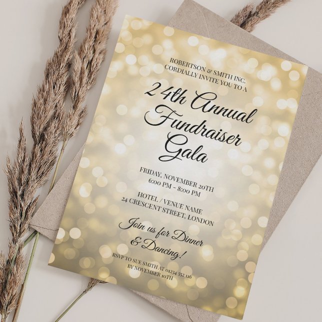 Convites Luzes Douradas do Fundraiser Corporativo Formal (Formal Corporate Fundraiser Gala Gold Lights Invitation)