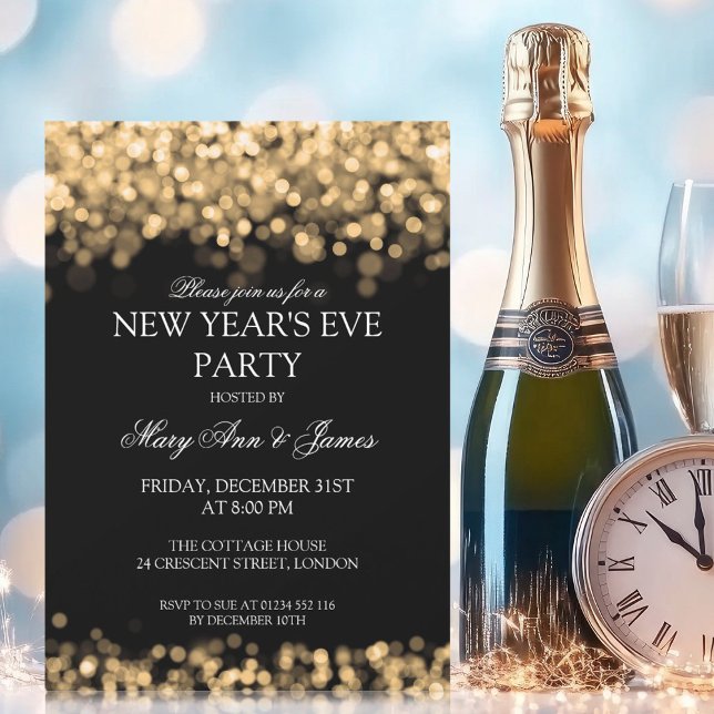 Convites Luzes Douradas do Partido da Véspera de ano novo E (Elegant New Years Eve Party Gold Lights Invitation)