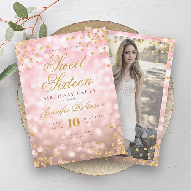 Convites Luzes Douradas do Rosa elegante e fotografia Doura (Elegant Rose Gold Lights & Gold Photo Sweet 16 Invitation)