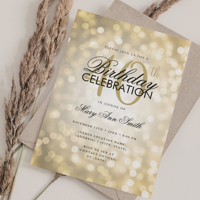 Convites Luzes Douradas do Shimmer com aniversário de 40 an (Elegant 40th Birthday Glam Gold Shimmer Lights Invitation)