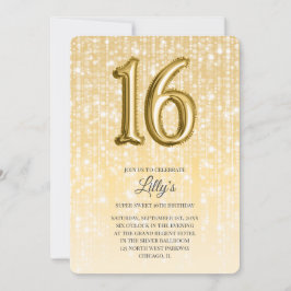 Convites Luzes Douradas e Balão de Foil 16.o Aniversário