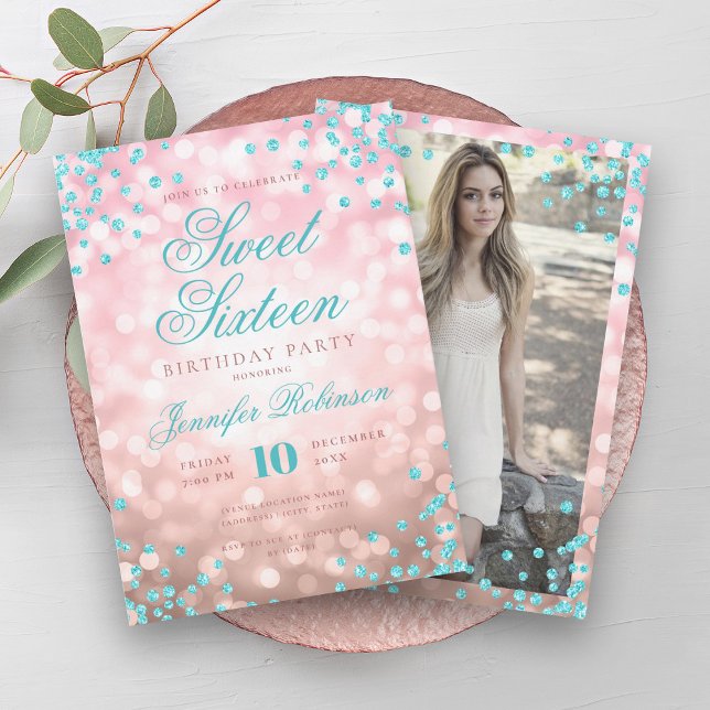 Convites Luzes Douradas Elegantes Turquesa Doce 16 (Elegant Rose Gold Lights Turquoise Sweet 16 Invitation)