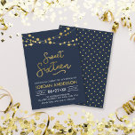 Convites Luzes Douradas Modernas Azuis Modernas e Legais Do<br><div class="desc">Moderno Sweet 16 Aniversário convidado com cordas de luz elegantes e a palavra "Doce Dezesseis" em ouro falso contra fundo azul. A placa inclui um padrão correspondente do lado traseiro. Veja outros itens correspondentes aqui https://www.zazzle.com/collections/strings_of_lights_faux_gold_celebration_collection-119311942951401241?rf=238364477188679314 Personalize-o substituindo o texto do espaço reservado para adicionar suas informações. Para obter mais opções,...</div>