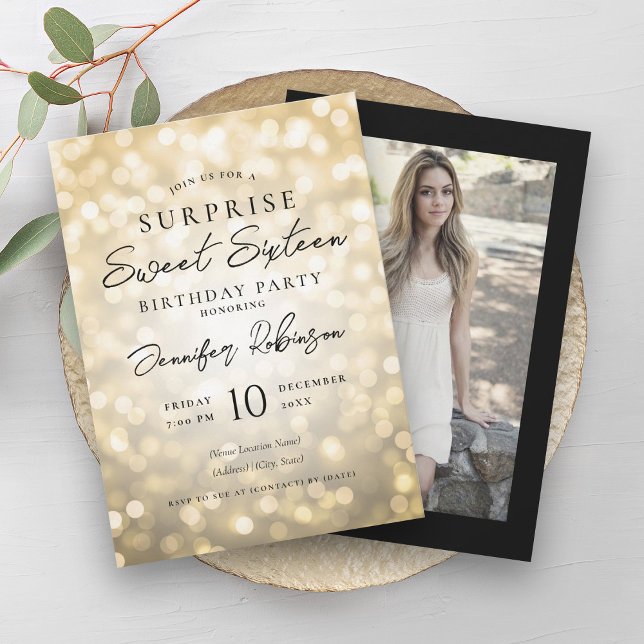 Convites Luzes Douradas pretas Foto SURPRISE Doce 16 (Black Gold Lights Photo SURPRISE Sweet 16 Invitation)