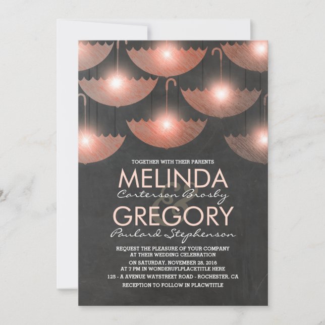 Convites Luzes e Guarda-chuvas Casamento Cor-de-rosa (Frente)