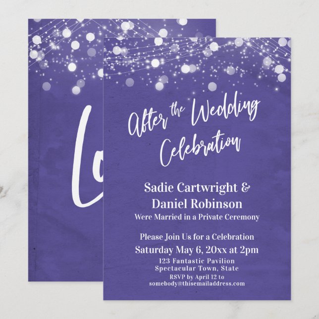 Convites Luzes e Roxo após a Celebração de Casamento (Frente/Verso)