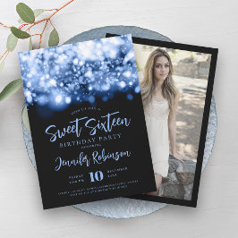 Convites Luzes Elegantes de Brilho Azul Foto Sweet 16  
