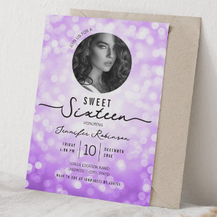 Convites Luzes Elegantes de Brilho Doce 16 Aniversário Roxo