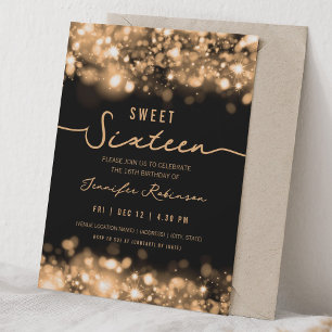 Convites Luzes Elegantes de Brilho Sweet Sixteen Dourado