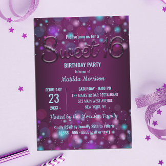 Convites Luzes Elegantes Roxas Radiantes Doce 16 Aniversári