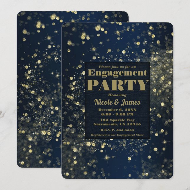 Convites Luzes Espelhantes Azul e Dourado Glam Engajamento (Frente/Verso)