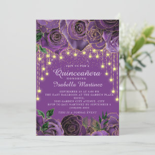 Convites Luzes Estelares Florais Roxas com Corda Dourada Qu