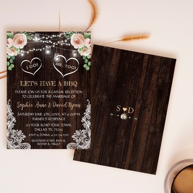 Convites Luzes Florais de Corda com Champanhe Rosa Celebraç (rustic we said I do bbq, boho floral wood wedding bbq invite, trendy lace floral I do bbq invite)
