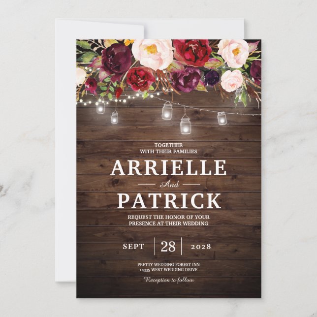 Convites Luzes Florais de Madeira Rústica Bordô (Frente)