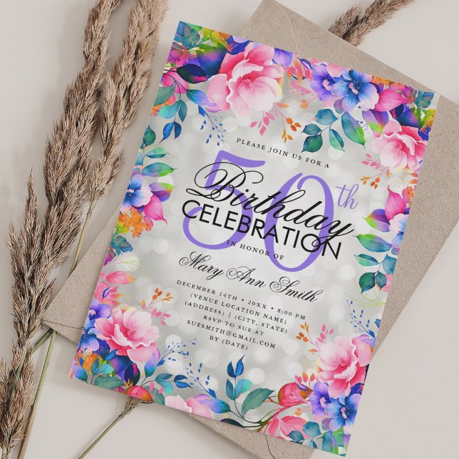 Convites Luzes Florais do Rainbow Rainbow 50º aniversário d (Elegant 50th Birthday Silver Rainbow Floral Lights Invitation)