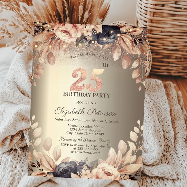 Convites Luzes Florais Elegantes com Cordão, 25º Aniversári (Criador carregado)