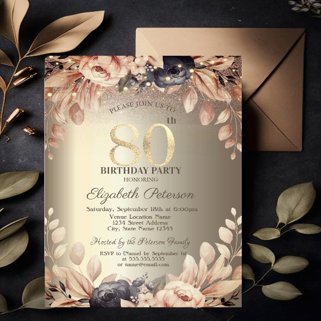 Convites Luzes Florais Elegantes com Cordão, 80º Aniversári (Criador carregado)