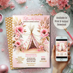 Convites Luzes Florais Rosa Boêmio para Noite de Sonhos 