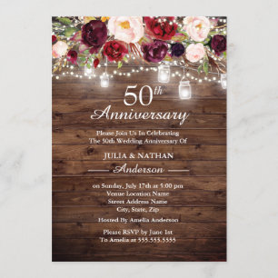 Convites Luzes Florais Rústicas Burgundy 50º Aniversário