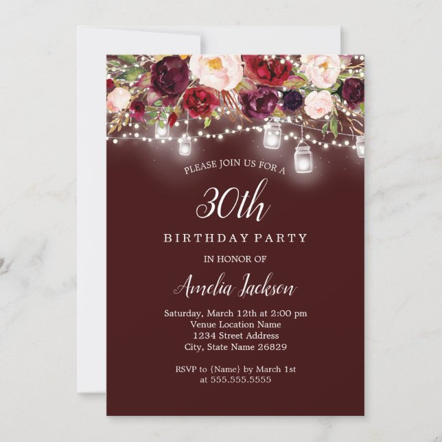 Convites Luzes Florais Rústicas Burgundy para Aniversário d (Frente)