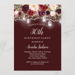 Convites Luzes Florais Rústicas Burgundy para Aniversário d
