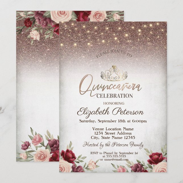 Convites Luzes, Flores Borgonha Brilho Quinceañera (Frente/Verso)