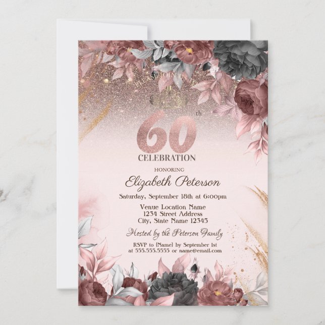 Convites Luzes, Flores Chic Glitter 60º Aniversário (Frente)